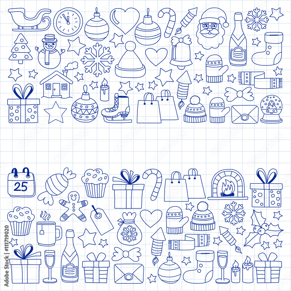 Fototapeta premium Doodle vector icons Merry christmas and happy new year