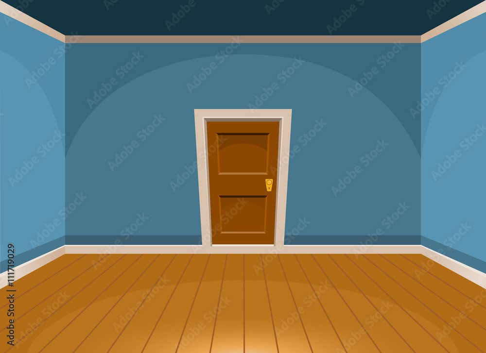 Obraz premium Cartoon flat empty room with a door in blue style. Vector illustration