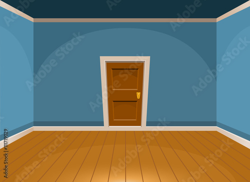 Cartoon flat empty room with a door in blue style. Vector illustration