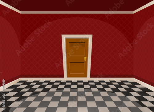 Cartoon empty room with a door in red style. Vector illustration