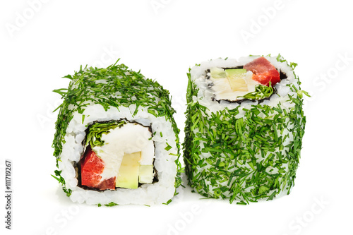 Uramaki vegetable maki sushi with dill, two rolls isolated on white