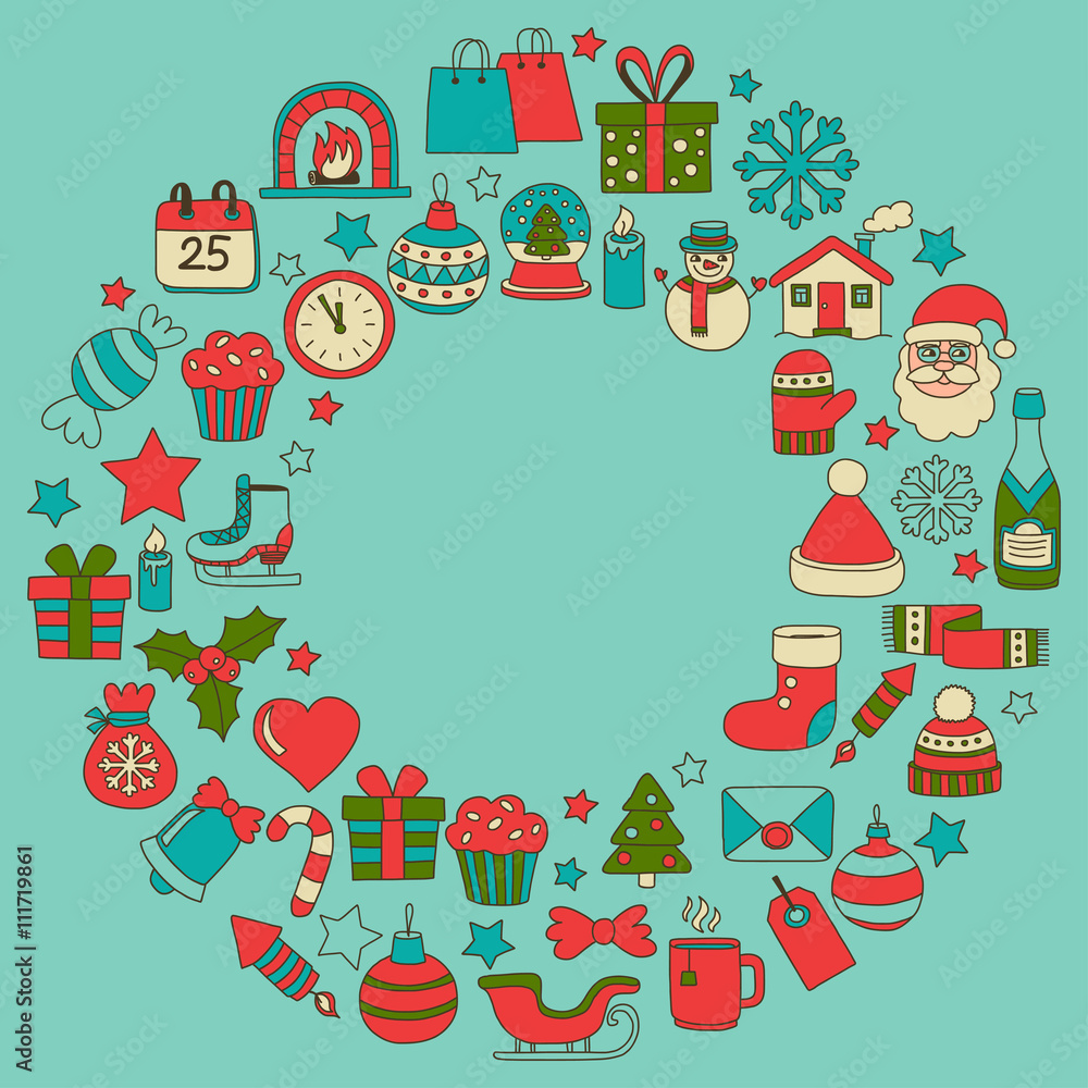 Fototapeta premium Doodle vector icons Merry christmas and happy new year