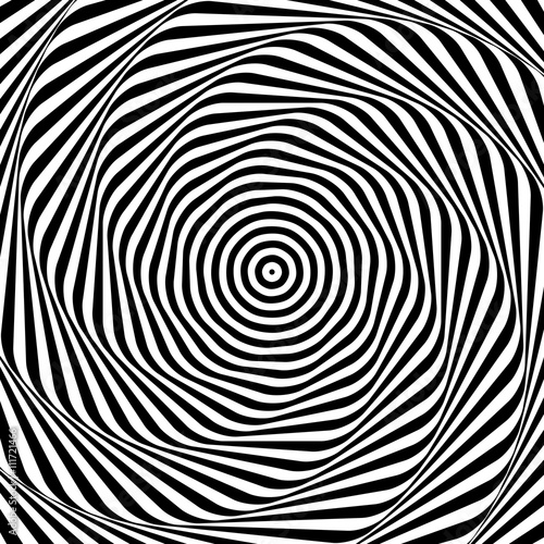 Uncolored, grayscale radiating shape with spirally, vortex disto