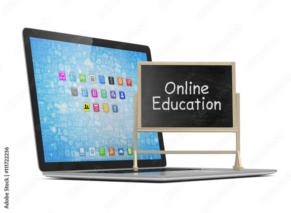 Laptop with chalkboard, online education concept. 3d rendering. Laptop with chalkboard, online education concept. 3d rendering.