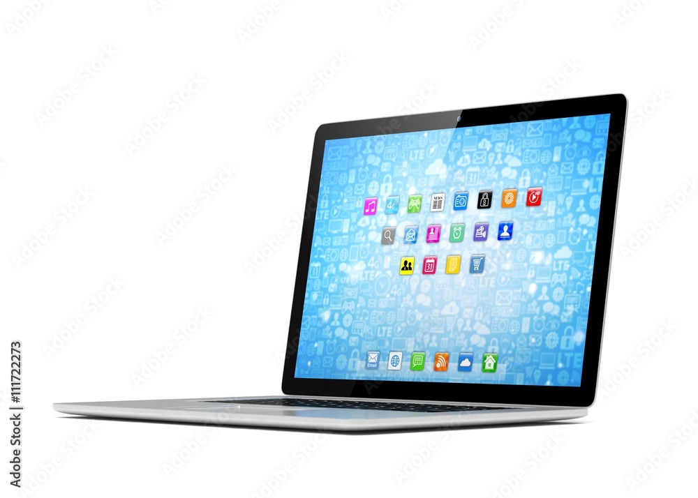 3d rendering of a laptop with blue wallpaper with app icon 3d rendering of a laptop with blue wallpaper with app icon