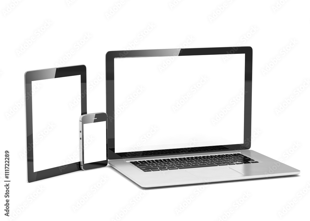 laptop, tablet, phone, on white. 3d rendering. laptop, tablet, phone, on white. 3d rendering.