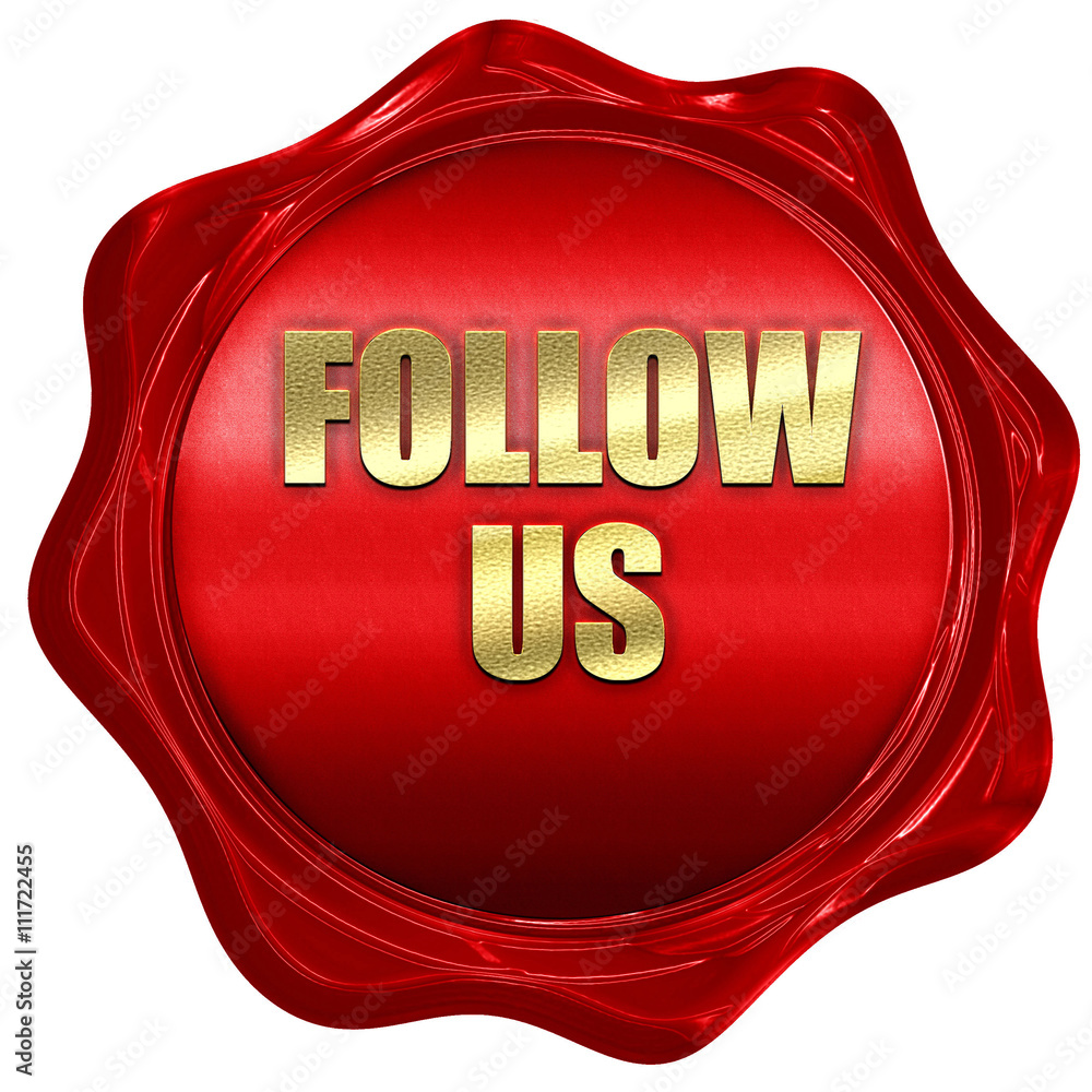 follow us, 3D rendering, a red wax seal follow us, 3D rendering, a red wax seal