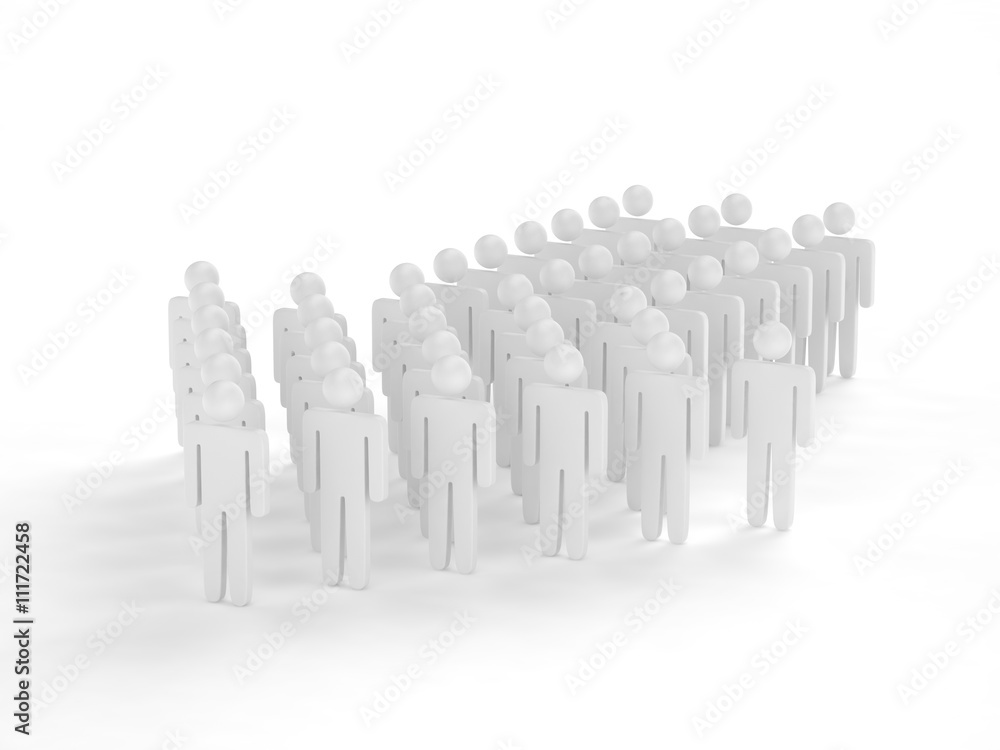 Many 3d people figure in arrow shape with the leader in front. 3d rendering. Many 3d people figure in arrow shape with the leader in front. 3d rendering.