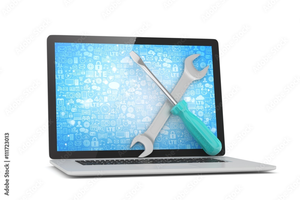 3D Illustration Wrench and screwdriver on laptop, service concept 3D Illustration Wrench and screwdriver on laptop, service concept