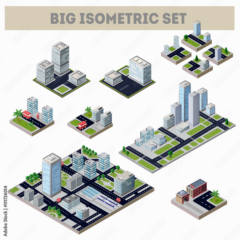Obraz premium A large set of isometric city map with lots of buildings, skyscrapers, roads and factories