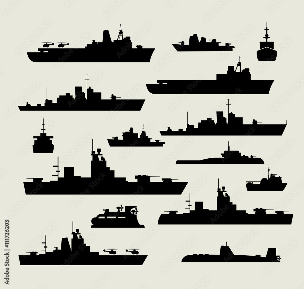 Fototapeta premium A set of silhouettes of warships for design and creativity