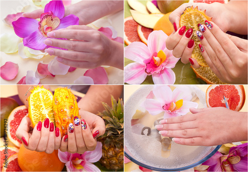 Set of the four picture female hands in process Spa treatments nail care