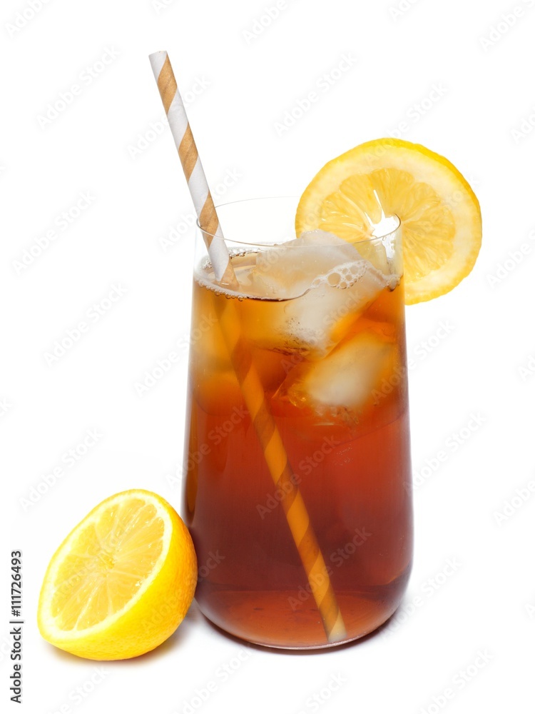 Glass of summer iced tea with lemons and straw isolated on a white background
