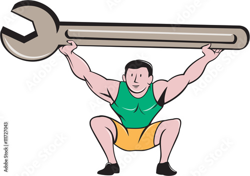 Mechanic Lifting Giant Spanner Wrench Cartoon