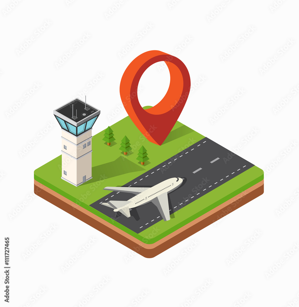 Isometric map of the city airport, the trees and the flight of construction Isometric map of the city airport, the trees and the flight of construction