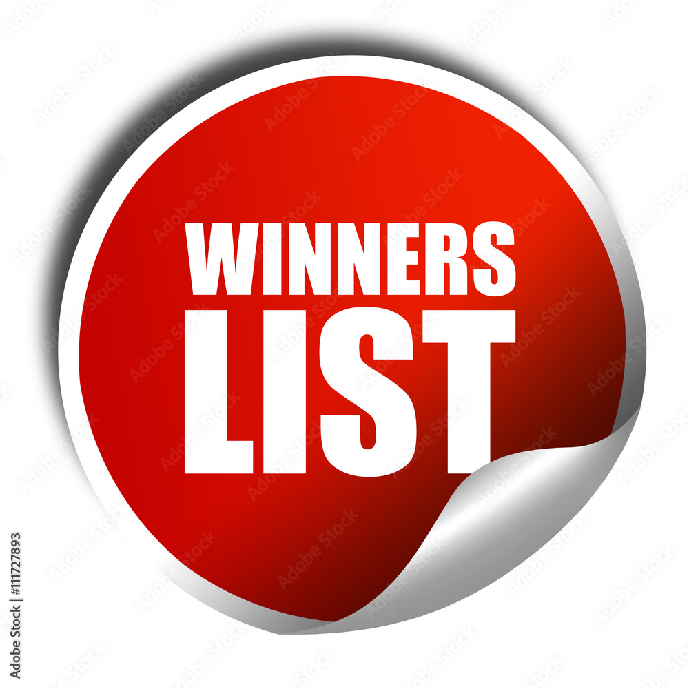winners list, 3D rendering, a red shiny sticker winners list, 3D rendering, a red shiny sticker