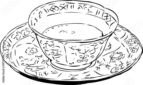 Outlined Chinese Teacup and Saucer