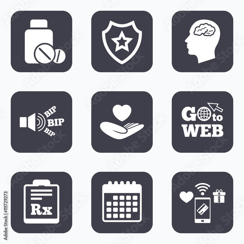 Medicine icons. Tablets bottle, brain, Rx.