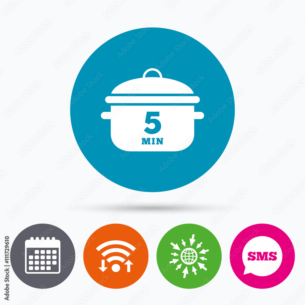 Boil 5 minutes. Cooking pan sign icon. Stew food Boil 5 minutes. Cooking pan sign icon. Stew food