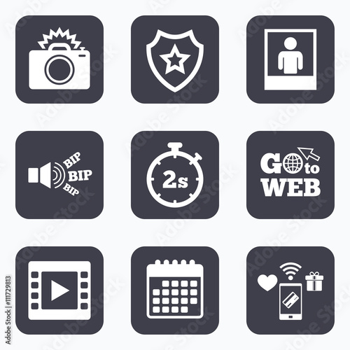 Photo camera icon. Flash light and video frame.