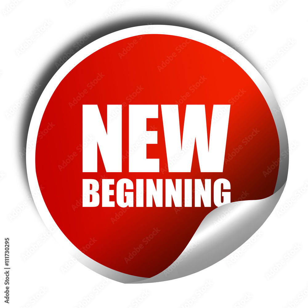 new beginning, 3D rendering, a red shiny sticker new beginning, 3D rendering, a red shiny sticker