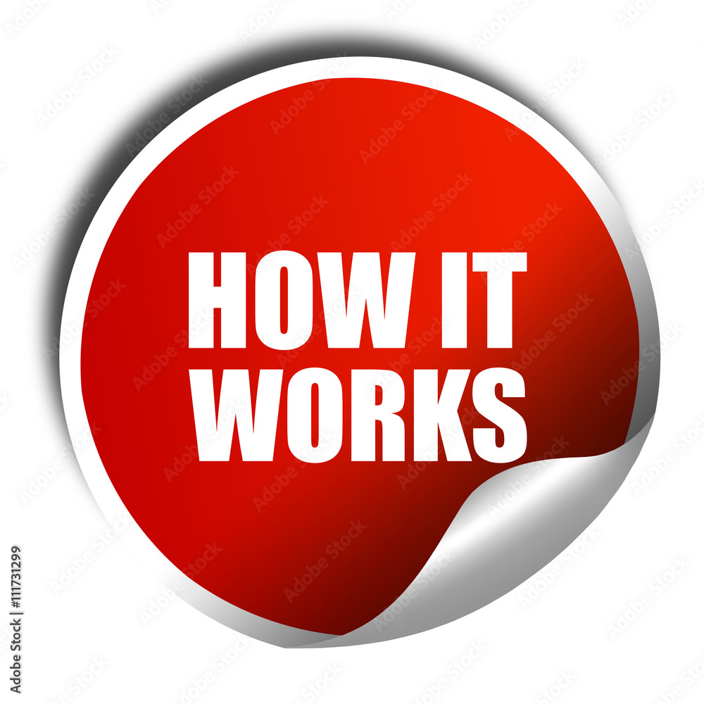 how it works, 3D rendering, a red shiny sticker how it works, 3D rendering, a red shiny sticker