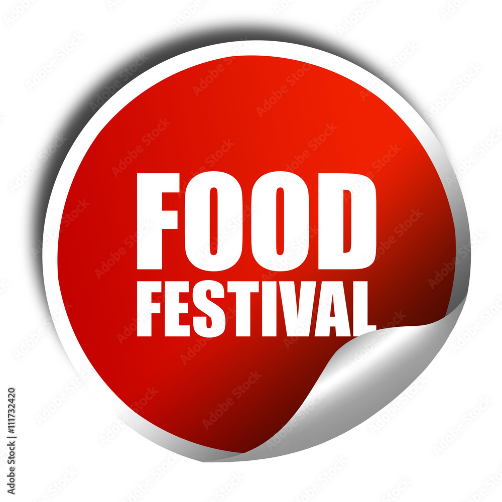food festival, 3D rendering, a red shiny sticker food festival, 3D rendering, a red shiny sticker