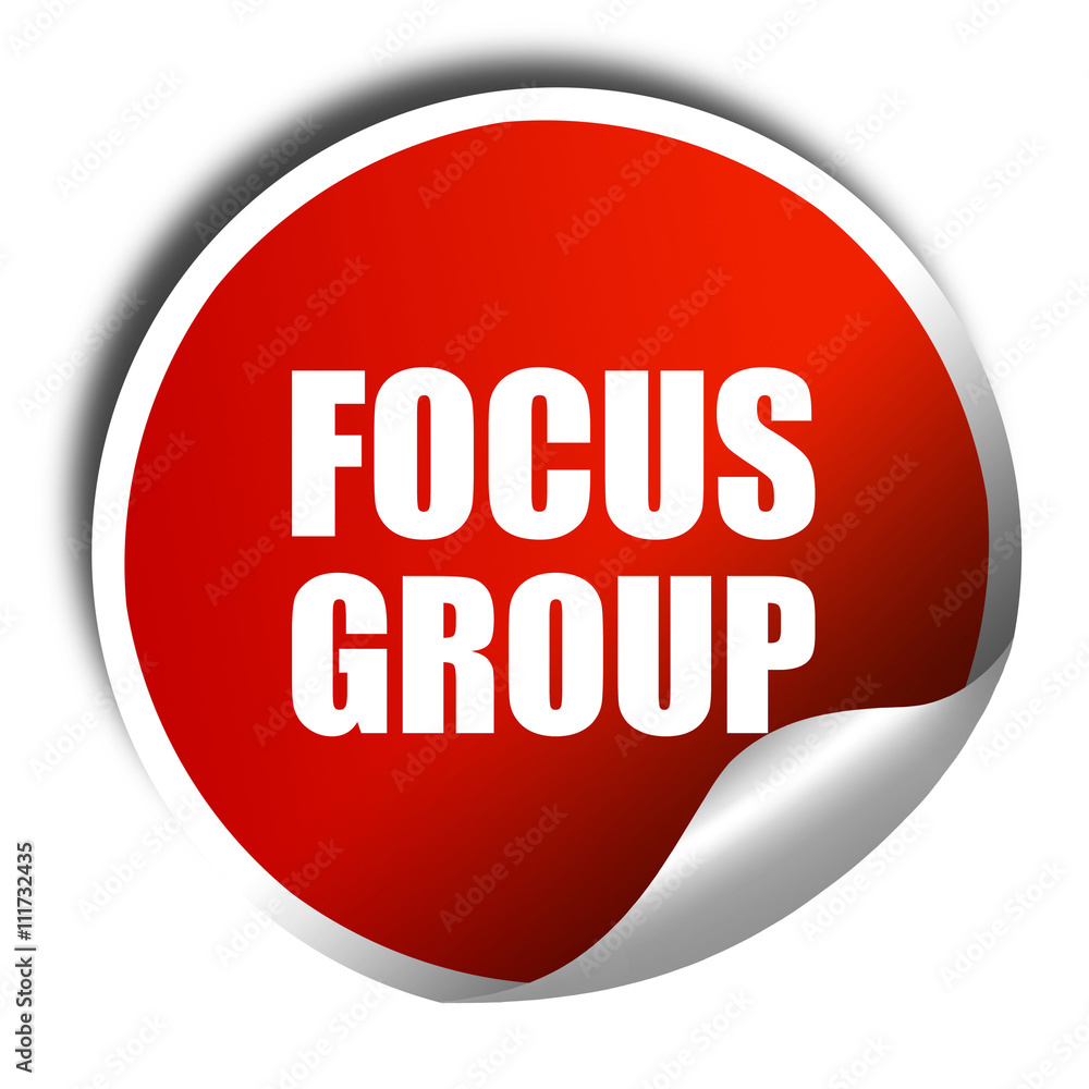 focus group, 3D rendering, a red shiny sticker focus group, 3D rendering, a red shiny sticker