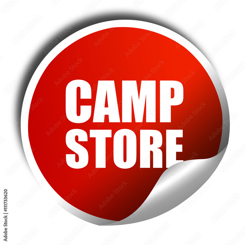 camp store, 3D rendering, a red shiny sticker camp store, 3D rendering, a red shiny sticker