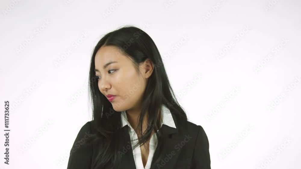 4k asian business woman cut out isolated on white background looking left right than smiling 4k asian business woman cut out isolated on white background looking left right than smiling