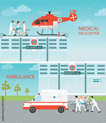 Info graphic of Medical emergency chopper helicopter and Ambulan