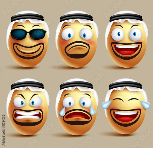 Vector saudi arab man egg faces set wearing agal and ghutrah or head dress with facial expressions and emotions as an emoticons isolated in white background. Vector illustration
