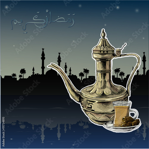  Holy month of Ramadan Kareem (translation-Generous Ramadan). Teapot, Arabic tea fasting and date fruit