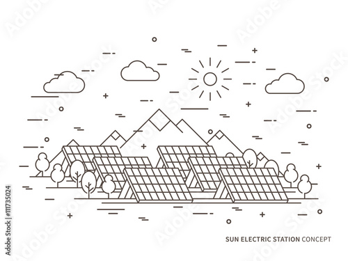 Linear sun electric station (solar energy park, solar power station) vector illustration. Solar power engineering (solar power plant, solar plant) creative concept. Solar electricity graphic design.
