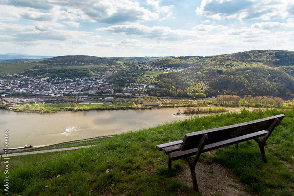 Bench with the view of winery in Wiesbaden, Hesse, in the Rheingau wine-growing region of Germany.