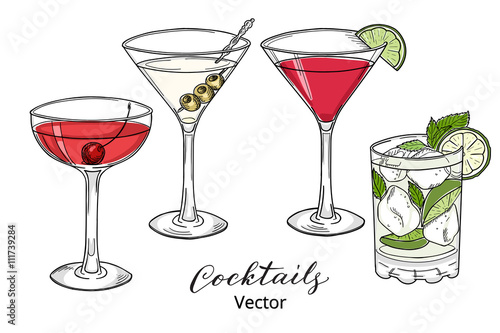 Hand drawn set of alcoholic cocktails