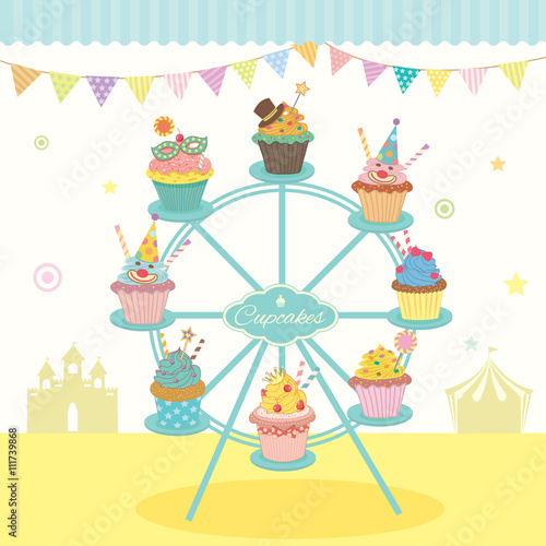 Vector fantasy cupcakes decoration on the ferris wheel with bunting in party fest.Pastel colorful and cute style for bakery cafe shop.Green blue awning.