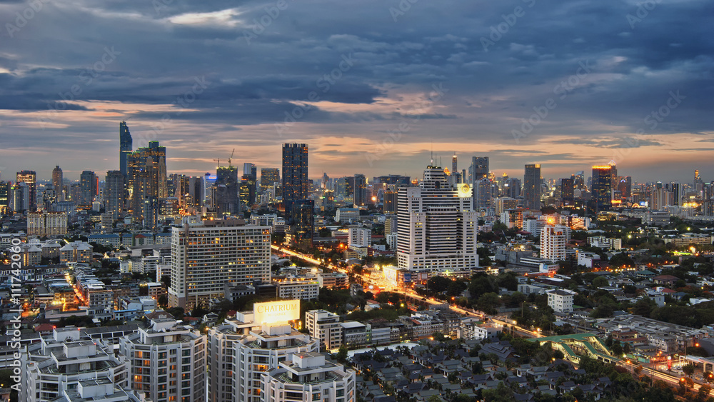 Bangkok cityscape with spring sunset