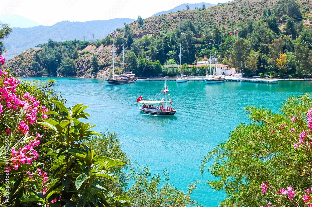 Fototapeta premium Yacht on the sea, beautiful bay in Turkey