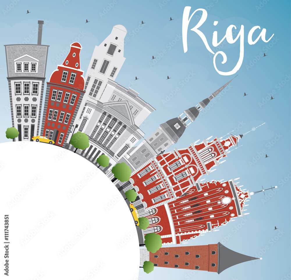 Riga Skyline with Landmarks, Blue Sky and Copy Space.