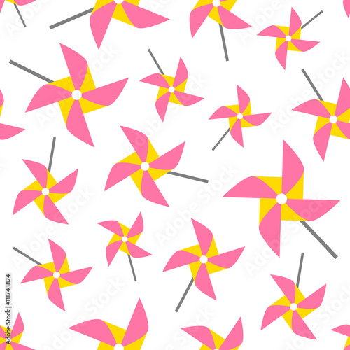 Pinwheel seamless pattern. Colorful paper toy windmills on white background. Vector illustration.