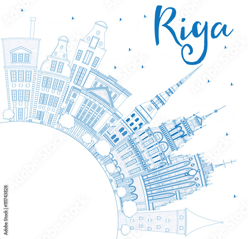 Outline Riga Skyline with Blue Landmarks and Copy Space.