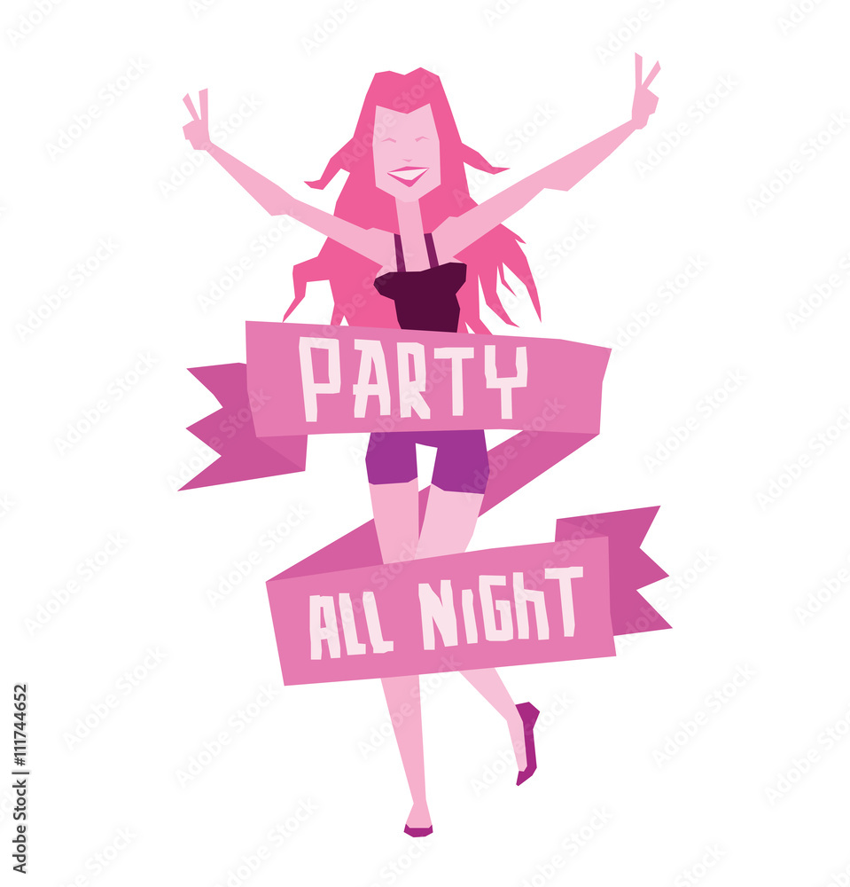 Obraz premium Vector emblem with cartoon image of a dancing girl with long pink hair in purple shorts, black tank top and banner with lettering 