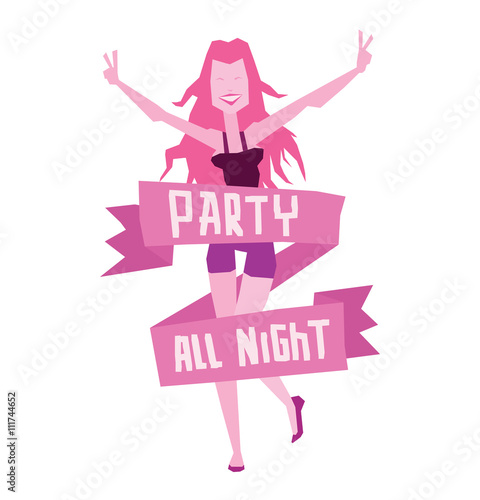 Vector emblem with cartoon image of a dancing girl with long pink hair in purple shorts, black tank top and banner with lettering "Party all night" on a white background. Flat style in lilac tones.