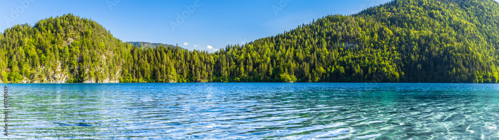 Klares See Panorama mit Wald im Hintergrund
