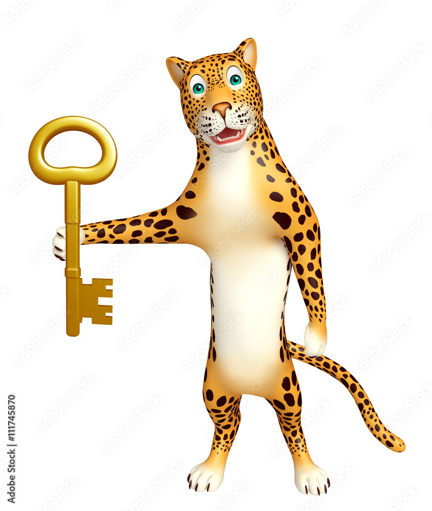 Fototapeta premium cute Leopard cartoon character with key