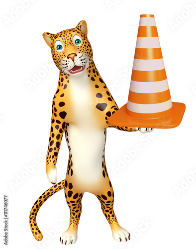 fun Leopard cartoon character with construction cone
