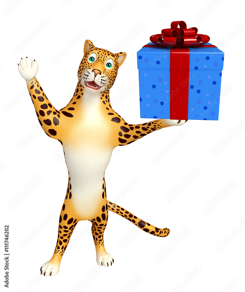 Fototapeta premium Leopard cartoon character with giftbox