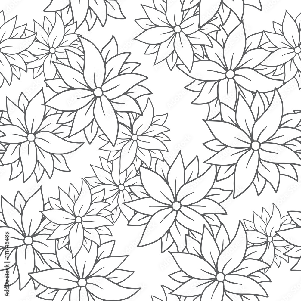 Vector image of seamless pattern of white chrysanthemums on a white background. White flowers with a black stroke. Made in monochrome style. Vector seamless pattern.
