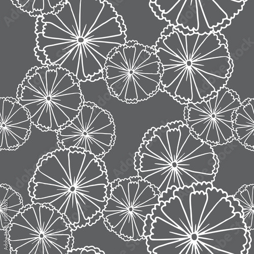 Vector image of seamless pattern of black anemones on a black background. Black flowers with a white stroke. Made in monochrome style. Vector seamless pattern.